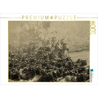 CALVENDO Puzzle Gnuwanderung in der Masai Mara im Vintage Look 1000 Teile Puzzle quer | Lege-Größe cm Foto-Puzzle für glückliche Stunden