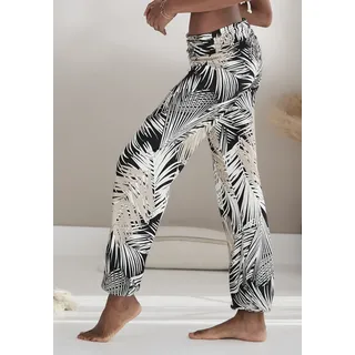 Haremshose BUFFALO, Damen, Gr. 48/50, N-Gr, schwarz (schwarz blätterdruck), Web, Obermaterial: 100% Viskose, bedruckt, bequem lang, Hosen Haremshose, mit gerafftem Umschlagbund, Topseller