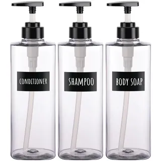Segbeauty Seifenspender, 3 Stück 750 ml Seifenspender Set mit Pumpe und Wasserdichten Etiketten, Kunststoff Nachfüllbare Shampoo Conditioner Lotion Handseifenflasche für Küche und Bad, Transparent
