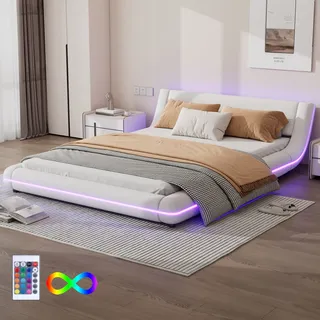 Flieks Polsterbett 140x200cm mit LED, Doppelbett Jugendbett mit Lattenrost, Klassisches Bett Holzbett Schwebebett Bodenbett, PU, Weiß - Weiß