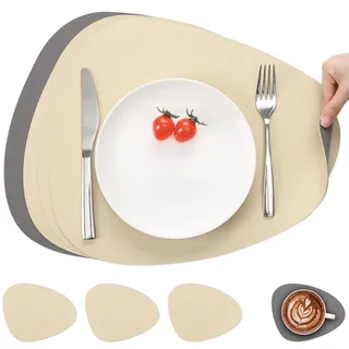 Myir JUN Tischsets abwaschbar doppelseitige Platzdeckchen abwaschbar | 4er Set Platzsets abwaschbar wasserdichte rutschfeste Oval Tischsets aus Kunstleder Untersetzer Teller in Lederoptik