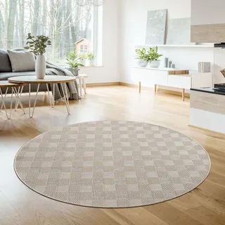 TT Home In-& Outdoorteppich Wetterfest Terrasse Balkon Esszimmer Geometrische Optik Boho Skandi Muster Unifarben Modern Größe 80 cm Rund - Beige