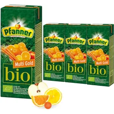 Pfanner Bio Multi Gold (30 x 0,2 l) – Multivitaminsaft mit Strohhalm - 25% Fruchtgehalt und 5% Gemüsegehalt – Vorratspack