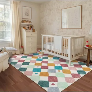 TOPICK Teppich Wohnzimmer Waschbar Kurzflor Weich Modern Rauten Teppich 150x210cm Geometrischer Antibakterieller Faltbar rutschfest Schlafzimmer Kinderzimmer Wohnzimmer Flur Badezimmer Konfetti