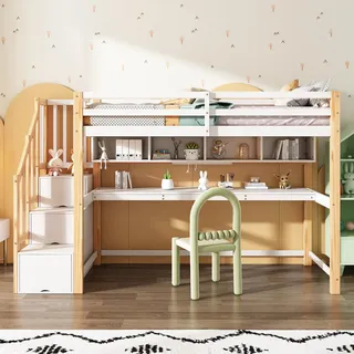 Flieks Etagenbett 90x200cm mit Treppe, Hochbett mit Schreibtisch und Bücherregal, Kinderbett mit Rausfallschutz, Jugendbett mit Lattenrost, Einzelbett Massivholzbett, Naturbelassen - Naturbelassen