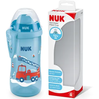 NUK First Choice+ Flexi Cup Trinklernflasche | ab 12 Monaten | auslaufsicher mit Trinkhalm | Clip und Schutzkappe | BPA-frei | 300 ml | Feuerwehrauto (blau)