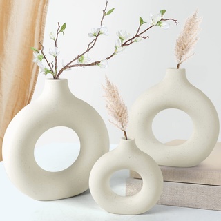 Donut vase für pampasgras, Small Vase Beige Keramik Vasen,Matt Ring Vase für Nordic Modern Deko, Beige Boho Rund Vase Passend für Esstisch Couchtisch Schmücken Büro Haus