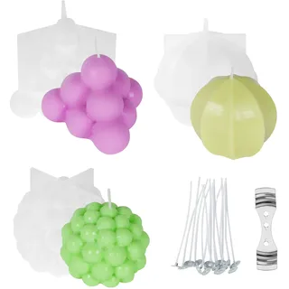 URAQT Kerzenform, 3 Stück DIY Kerzen 3D Handgemachte Kerzengießform, Antihaft Bubble Candle Silikonform, Silikon Kerzenwachs Formen, mit Kerzendocht und Dochthalter