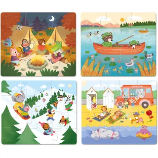 Vilac 4 Puzzles aus Holz Die Ferien (6,9,12,16 Pcs) in Holz Box - Vilac 2634