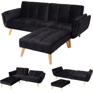 Schlafsofa HWC-K18 mit Ottomane, Couch Sofa Gästebett, Schlaffunktion 218x175cm Samt schwarz - Schwarz