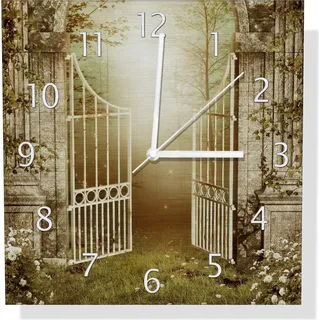Wallario Design Wanduhr Tor in den Wald aus Aluverbund, Größe 30 x 30 cm - Weiß