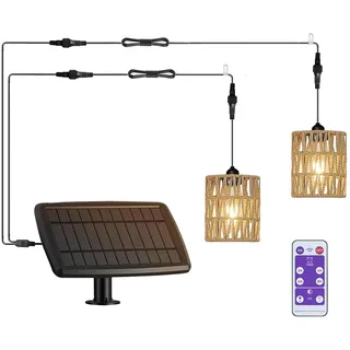 Rattan Solar Hängelampe Solarlampen für Außen Balkon mit Fernbedienung Hängeleuchte Hängend Korb Lampenschirm Pendelleuchte ohne Strom Wasserdichte Lampe Garten Camping 5M Kabel 2 Licht