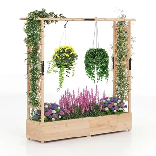 FANTASK Hochbeet mit Rankgitter & hängendem Dach, 196 x 44 x 182 cm, Blumenkasten Holz für Kletterpflanzen & hängende Körbe, Pflanzkasten mit Rankhilfe für Garten Hof Terrasse (Natur)