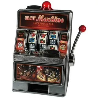 Spardose in Form eines Spielautomaten mit Musik und Lichtern – Spardose mit Machine-Design, batteriebetrieben, Kunststoff, 33 x 29,5 x 42 cm, Schwarz, Rot und Silber