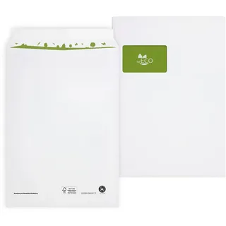 Bong beECO Versandtaschen C4 (250 Stück), haftklebende Versandtasche mit Fenster, aus 100 Recycling Papier, geeignet für DIN A4 Papier, weiß, 324 x 229 mm,