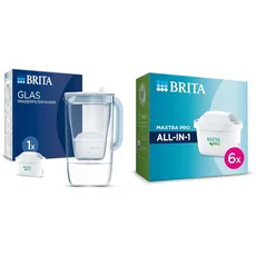 BRITA Glas Wasserfilter-Kanne Hellblau (2,5l) inkl. 1 MAXTRA PRO All-in-1 Kartusche & Wasserfilter-Kartusche MAXTRA PRO All-in-1 – 6er Pack (Halbjahresvorrat)