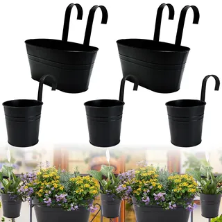 Cnwinu 5er Set Blumentöpfe zum Aufhängen,Blumenkasten Balkon,Blumentopf Hängend aus Metall (27x22x12cm) mit Abnehmbarem Haken&Drainageloch,Balkongeländer,Fenster–Hängende Blumentöpfe zum Aufhängen