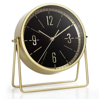AYRELY® Vintage Metall-Tischuhr – Leise Kaminuhr ohne Ticken mit verstellbarem Winkel, Analoge Standuhr im Retro-Stil für Wohnzimmer, Regal, Kamin & Büro (Gold)