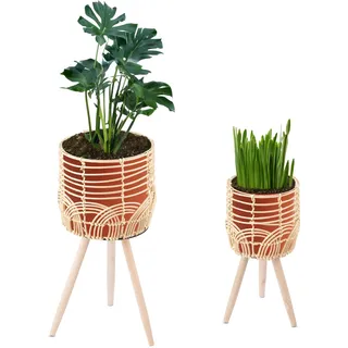 Navaris 2x Blumentopf mit Ständer im Rattan Look - Boho Blumentopf geflochten - Pflanzen Hocker im Korb Design - Blumentopfständer mit Beinen aus Holz