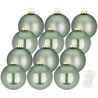 Inge Glas große Weihnachtskugeln mit Haken | Christbaumkugeln aus Glas | Set 12 Kugeln 8cm groß und 40 Aufhänger | Christbaumschmuck Weihnachtsbaumkugeln (Mild Sage | Mint)