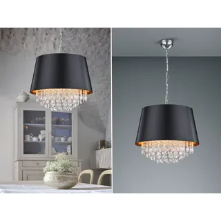 Ausgefallene Pendelleuchte mit rundem Stoffschirm in schwarz/gold, Acryl-Behang - Silber