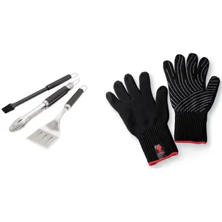 Weber 6764 Premium Grillbesteck 3-teilig, bestehend aus Grillzange & 6670 Premium Handschuhe, Größe L/XL, Grillhandschuhe, bis 260°C