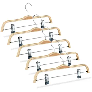Relaxdays Hosenbügel Holz 5er Set, verstellbare & gummierte Clips, 360° drehbarer Haken, Kleiderbügel, 37cm breit, Natur