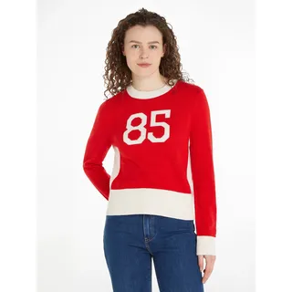 Rundhalspullover TOMMY HILFIGER "VARSITY 85 GRAPHIC C-NK SWT", Damen, Gr. XXL (44), rot (hellrot), Strick, Obermaterial: 45% Polyamid, 30% Baumwolle, 25% Wolle, unifarben, Basic, Rundhals, Bündchen, Pullover Rundhalspullover, mit Logopatch
