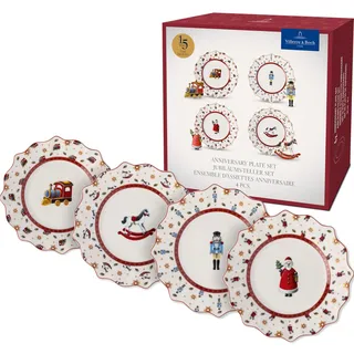 Villeroy & Boch Toy's Delight Jubiläums-Teller Set 4 Teilig Bunt, Weihnachten, Teller Set für 4 Personen, Essteller, Frühstücksteller, Weihnachtsmotiv, Weihnachtsgeschirr, Premium Porzellan