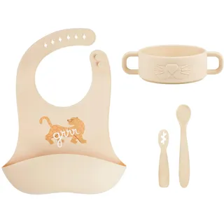 Babymoov Baby Geschirrset Mini Roar - ab 4 Monate - 4er Set Silikon, Baby Lätzchen, 2x Babylöffel, Schüssel, BPA-frei, Spülmaschinenfest