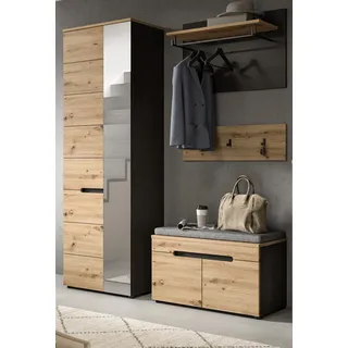 Garderoben-Set "Cooper" Artisan Eiche und grau Garderobe 4-teilig mit Soft-Close und Sitzkissen - Grau, Naturbelassen