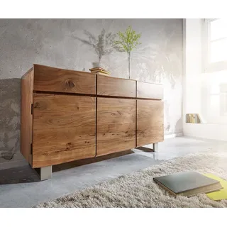 DELIFE Sideboard Live-Edge 147 cm Akazie Natur 3 Türen 3 Schübe - Naturbelassen, Silber, Braun, Hellbraun