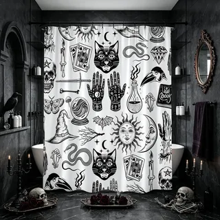 HUSPWP Halloween-Duschvorhang, Gothic-Tarot, Boho, Palmistry, geheimnisvolle Schwarze Katze, Horror, Magie, gruseliger Totenkopf, Sonne, Mond, Vintage, Hexerei, Cooler Stoff, Heimdekoration,