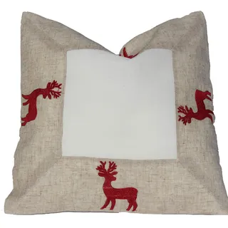 Kissenbezug - Hirsch - beige und weiß rot Bestickt sehr schöne Festliche Stickerei für Winter Weihnacht Tischdecke, Größe:40 x 40 cm