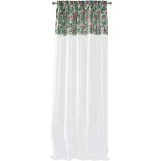 Eurofirany Vorhang Gardine Flamingo Tropical Blumen Blätter Muster Kräuselband Weiß Grün Pink Transparent Vorhänge Glatt Botanik Stil Wohnzimmer Kinderzimmer Schlafzimmer 1 STK.