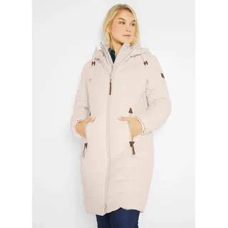 Steppmantel BONPRIX "Steppmantel, 2-in-1 Optik", Damen, Gr. 38, beige (naturbeige), Steppware, Obermaterial: 88% Polyester, 12% Polyamid. Futter: 100% Polyester. Wattierung: 100% Polyester, unifarben, loose fit lang, elastischer Bund, Mäntel Steppmantel, mit Lederimitat Zeichen am Ärmel, mit Kapuze und Stehkragen