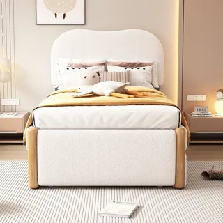 Polsterbett mit Lattenrost, Gästebett und Kopfteil, 90x200 cm, Einzelbett, Jugendbett, Sherpa - Weiß