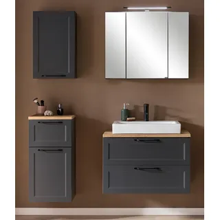 Badmöbelset mit Keramik Waschbecken in dunkelgrau MARLING-03 inkl. LED-Aufbauleuchte, B/H/T ca. 140/200/47 cm - Grau