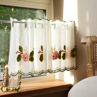 A.Monamour Gardine Scheibengardinen Kurzstores Bauernhaus Landhausstil Halb Durchsichtiger Voile Rose Blumen Stickerei Café Öse Top Kurzgardinen Küchengardine Küche Cafe Kurz Vorhang Bistrogardine