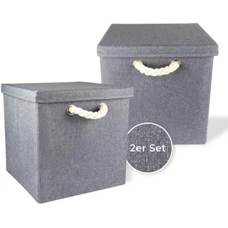 Storanda | 2er Set Aufbewahrungsbox mit Deckel | Kordel Griffband | Stabile & Faltbare Boxen | Regalboxen für Würfelregal Kallax | Ideal für Zuhause & Kinderzimmer | 30x30x30 cm | Grau