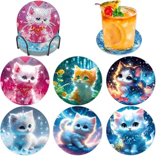 Lxmsja 6 STK Diamond Painting Untersetzer mit Halter, Diamond Art Untersetzer Katze, Diamant Painting Bilder Erwachsene Kinder, Diamant Tassenuntersetzer mit Kork, Basteln Erwachsene Frauen