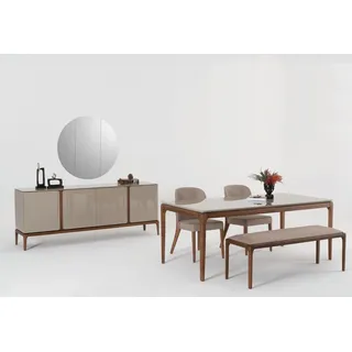 Esszimmer Set Essgruppe Tisch 4x Stühle Bank Anrichte Spiegel 8tlg Set - Grau, Braun