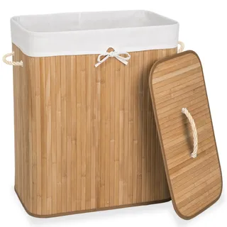tectake® Bambus Wäschekorb mit Deckel, Wäschesammler mit Deckel und Wäschesack, Wäschekorb schmal, Laundry Basket, Wäschetruhe faltbar, Wäsche Sortiersystem, Wäsche Organizer, 100 L, beige