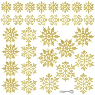 32 Stück Schneeflocken Deko, 5/7/10cm Goldenen Schneeflocken Glitter Weihnachtsbaum Deko, Gold Schneeflockens Anhänger für Christbaumschmuck Fenster und Wände Weihnachtsdeko