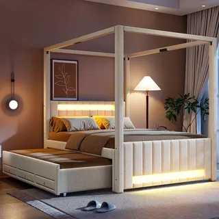 Flieks Jugendbett 140x200cm mit Ausziehbett und 3 Schubladen, Holzbett Himmelbett mit Led und Lattenrost, Polsterbett Leinen, Beige - Beige