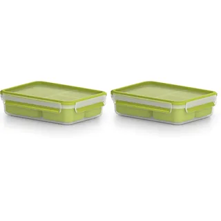 Emsa Clip & Go 518100 Lunch- und Snackbox | Mit 3 praktischen Einsätzen und Deckel | Volumen: 1,2 Liter | Transparent/Grün | 1 Stück (2er Pack)