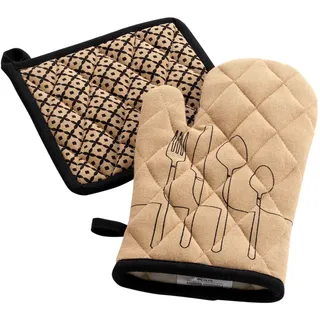 douceur d'intérieur, Ofenhandschuh und Topflappen (18 x 28 cm/20 x 20 cm) Küche, Beige, recycelte Baumwolle, Bedruckt