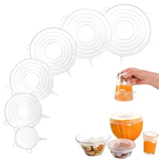 6 Stück Silikondeckel Dehnbar, 6 Verschiedene Größen Silikon Deckel Wiederverwendbar, Deckel für Joghurt, Schüsseln, Becher, Dosen, Kompatibel mit Bar Keepers Friend Deckelabdeckung Reiniger