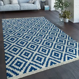 Teppich Modern Marokkanische Muster Handgewebt Skandi Rauten Fransen Blau Weiß Grösse 80x150 cm - Weiß