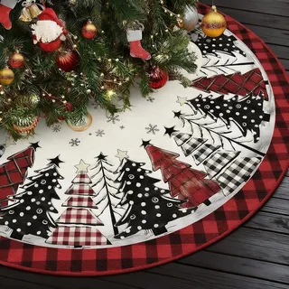 Weihnachtsbaum Decke Rund 120cm Rote & Schwarze Christbaumdecke Rund mit Schneemann, Rentier und Gnomenmuster, Baumdecke Weihnachtsbaum Teppich für Christbaumschmuck Weihnachtsdeko